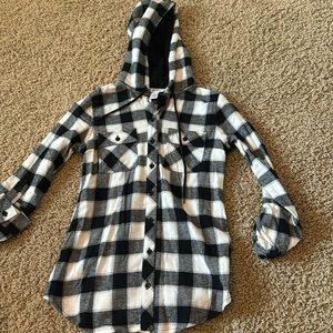 Black/ White flannel with sherpa hoodie